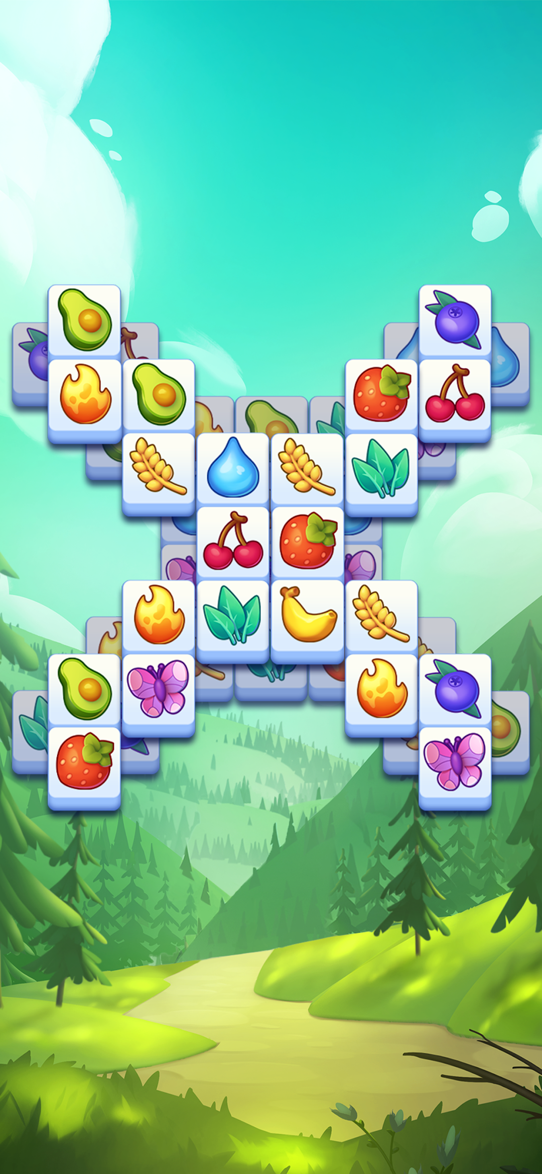Triple Tileのプレイ画面|森の風景を背景に同じ絵柄のタイルをそろえる場面