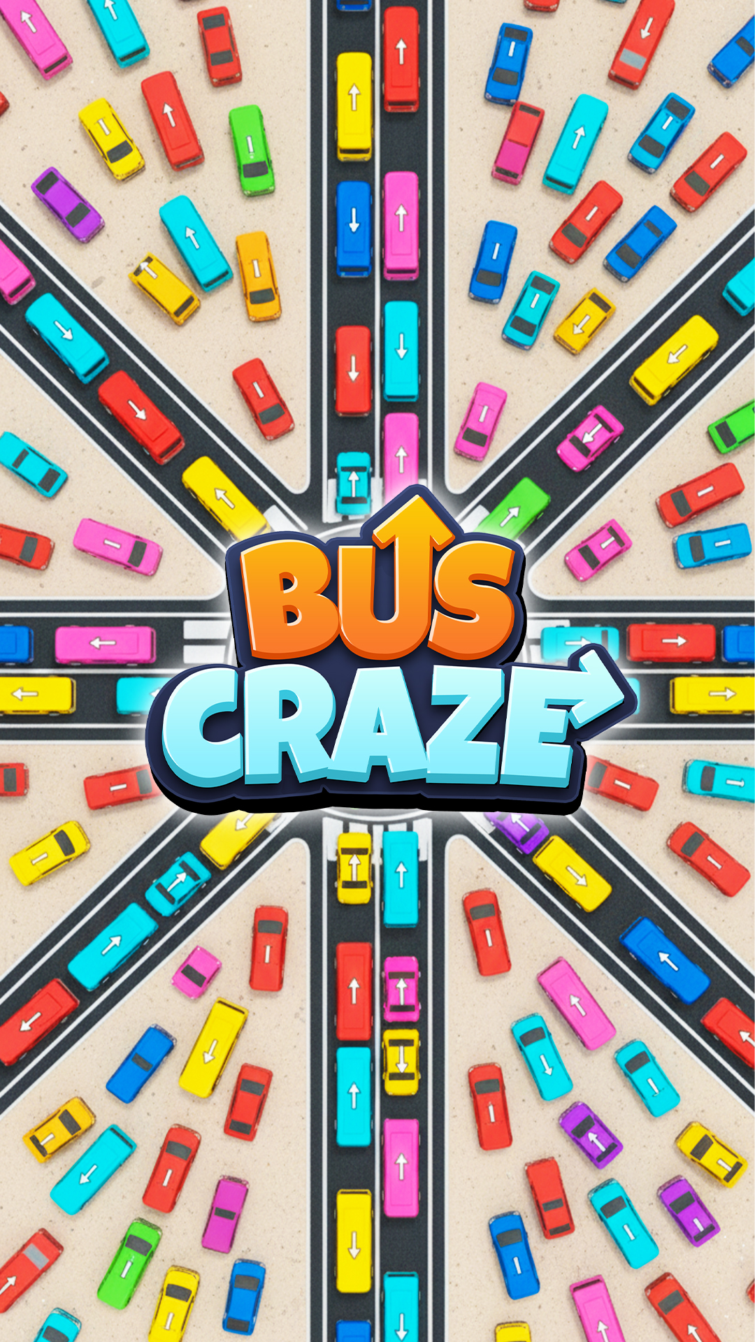 Bus Crazeのプレイ画面|入り組んだ道路で渋滞した車両が並ぶ場面
