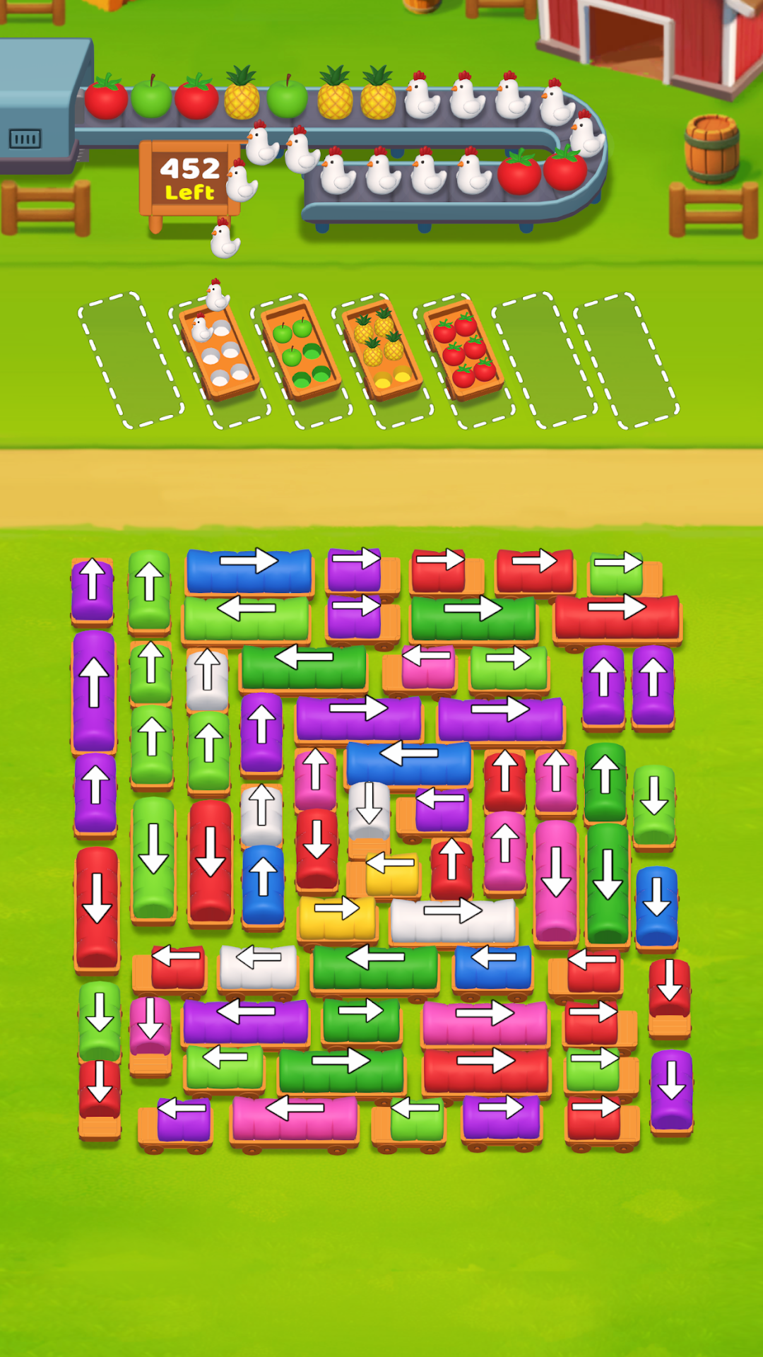 Farm Craze Traffic Jamのプレイ画面｜農道で荷馬車を誘導するパズル