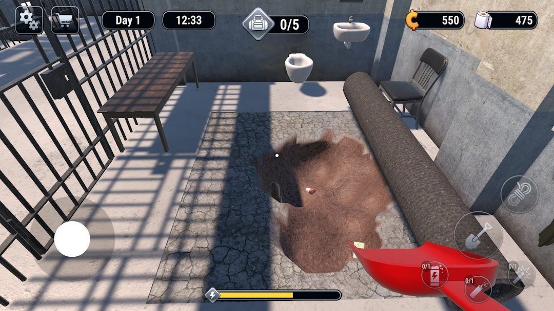 Prison Escape Simulator 3Dのプレイ画面|監房の床に穴を掘り始める場面
