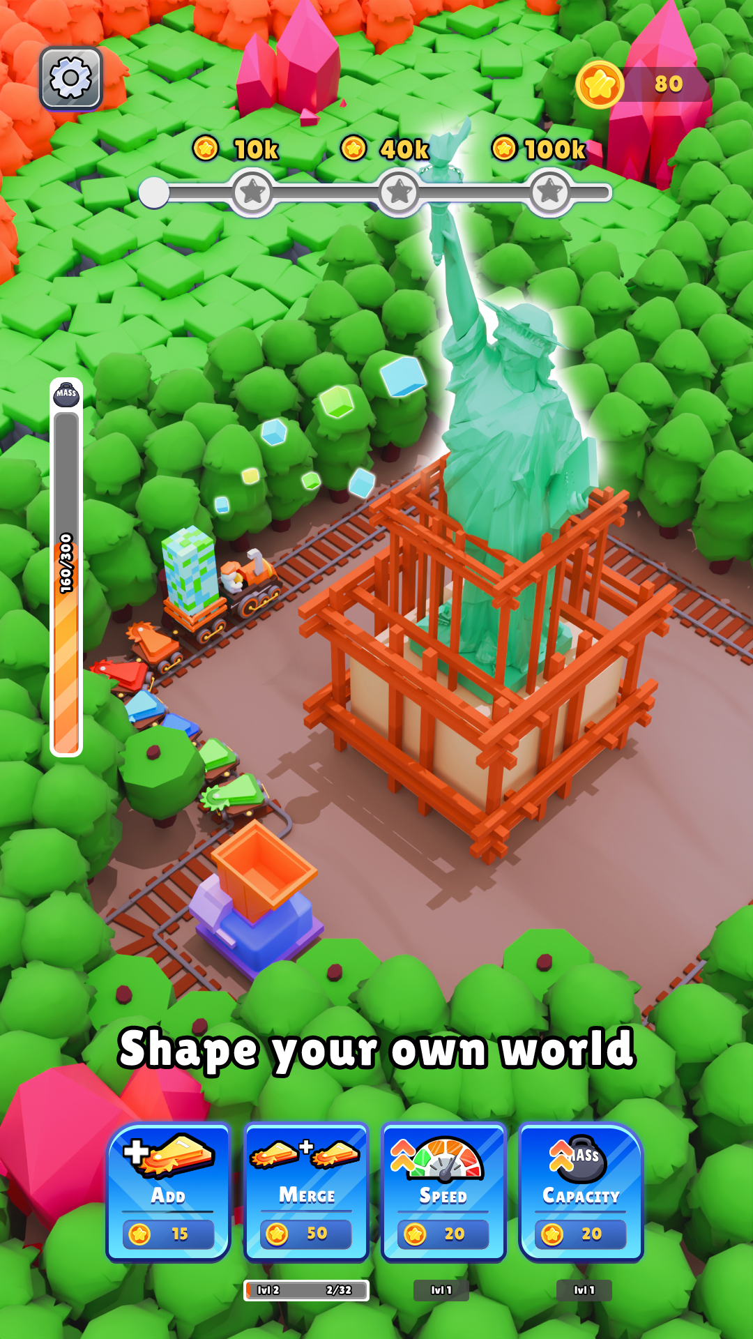 Train Idle Minerのプレイ画面｜自由の女神を建てた箱庭マップ
