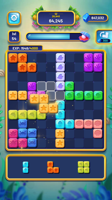 Sea Block 1010のプレイ画面｜海底をテーマにした盤面にカラフルなブロックを配置する様子