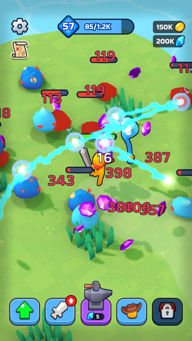 XP Heroのバトル画面｜草原で押し寄せるモンスターを範囲攻撃でなぎ倒す様子