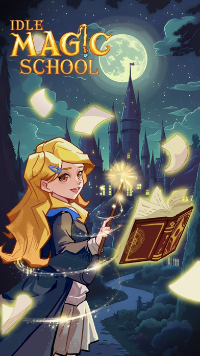 マジックスクールのタイトル｜月夜の城を背景に魔法書を持つ少女のキービジュアル