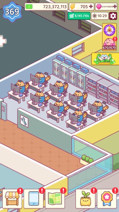 大富豪の猫育成ゲームのプレイ画面｜かわいい猫スタッフが働くオフィスを管理する場面