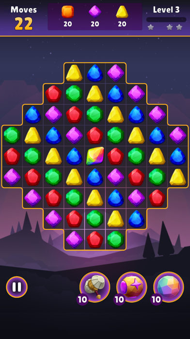 Jewel Questのプレイ画面|カラフルな宝石を3つ以上そろえて消す場面