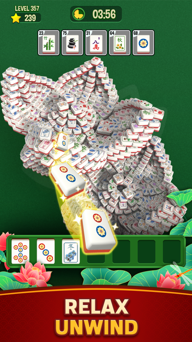 Mahjong Triple 3Dのプレイ画面|立体的に積まれた麻雀牌をそろえて消す場面