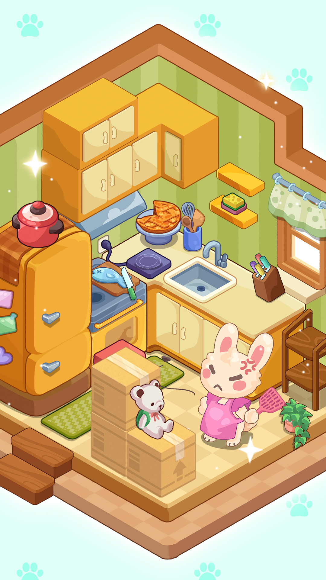 Dreamy Roomのキッチン｜うさぎのキャラと一緒にキッチンを片付ける場面