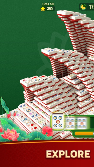 Mahjong Triple 3Dの探索|さまざまな形に積まれた牌のステージを進む場面