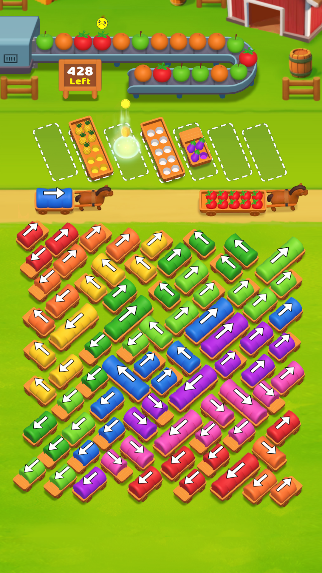 Farm Craze Traffic Jamのステージ｜果物を積んだ馬車を整理する場面
