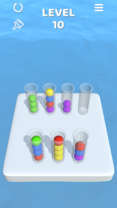 Sort It 3Dのレベル10｜試験管が増えて少し複雑になった仕分けの場面