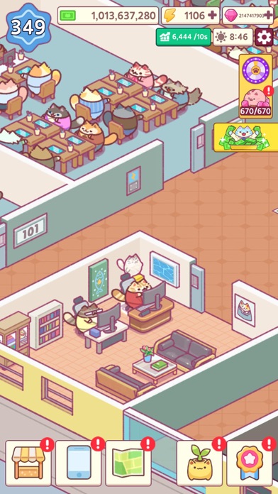 大富豪の猫育成ゲームのオフィス｜猫たちが並ぶデスクと社長室が広がる場面