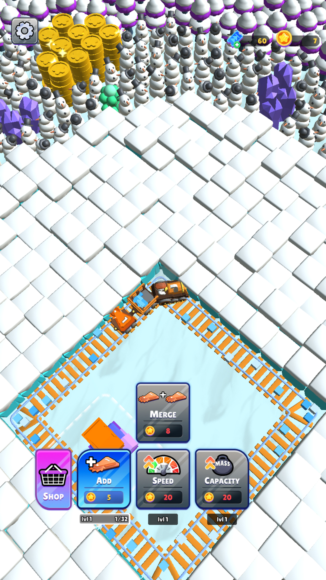 Train Idle Minerのマージ操作｜列車をマージして強化する場面