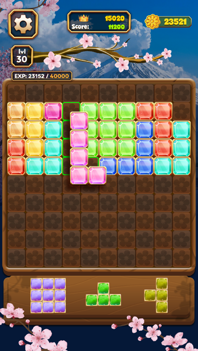Gem Block Puzzleのブロック配置|下に控えた3種類のピースを盤面の空きに置いていく場面