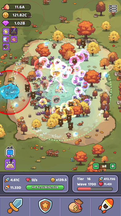 Wild Survivalの戦闘演出｜秋のマップで範囲攻撃を放ち敵をまとめて倒す場面