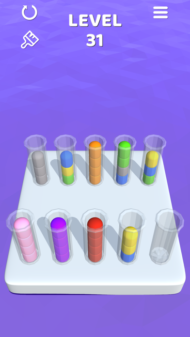 Sort It 3Dのレベル31｜パステルカラーのボールを多くの試験管で仕分ける場面