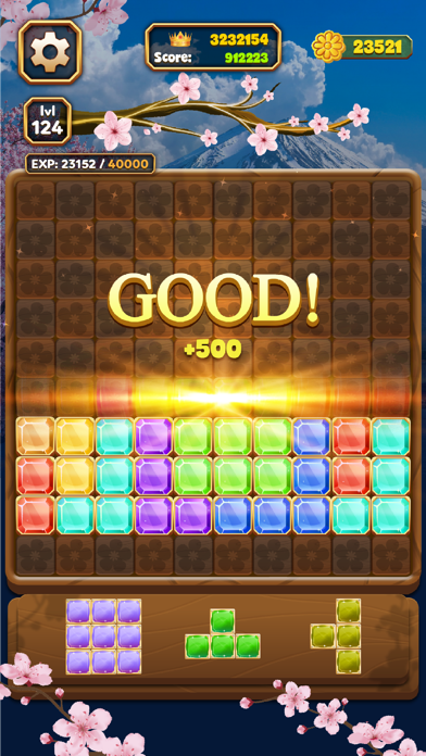 Gem Block PuzzleのGOOD演出|ラインを消して+500のボーナススコアが入った場面