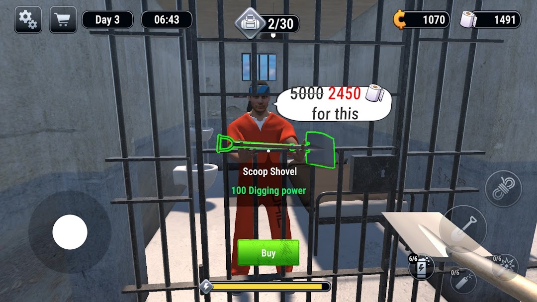 Prison Escape Simulator 3Dの道具|スコップなど道具を購入して掘削力を上げる場面